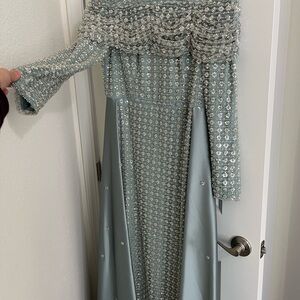 Modazehrada Elegant Silver and baby blue Evening Gown modest dress